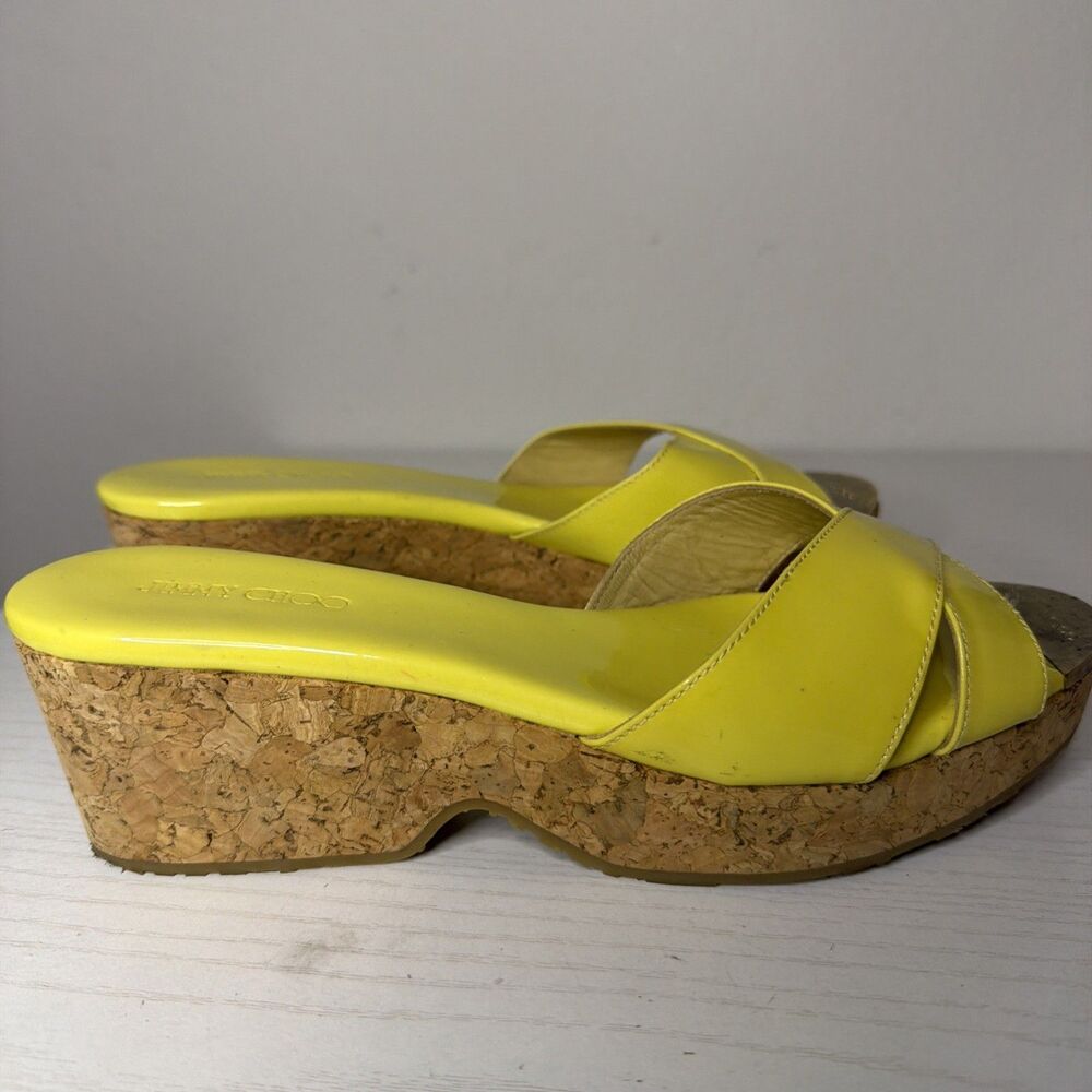 Jimmy Choo Womens 7 Peep Toe Cork Wedge Sandals Beige Yellow Leather Sz 37.5